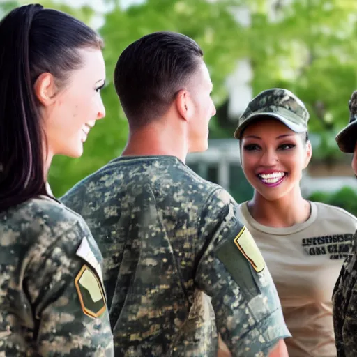 Image similar to attractive woman veteran wearing an army shirt talking with friends