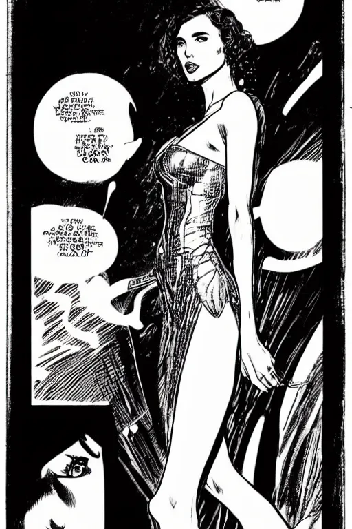 Image similar to portrait of gal gadot dancing, nightclub, stunning dress, style of guido crepax