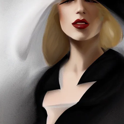 Image similar to beautiful woman in a black dress, full length photo, wearing a white hat and a red scarf, head bowed slightly, looking mischievously and mysteriously at the camera, wavy blond hair, knees upturned, very beautiful woman, 4k highly detailed, digital painting, artstation, concept art, matte, sharp focus, illustration, art by Sandra Pelser and Joshy Sly