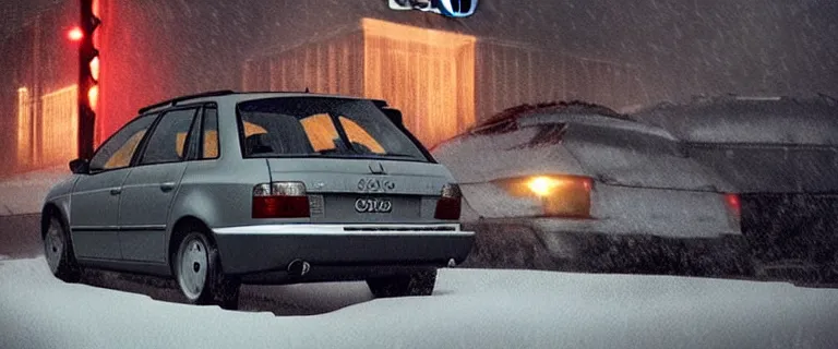 Image similar to Audi A4 B6 Avant (2002), a gritty neo-noir, dramatic lighting, cinematic, eerie person, death, homicide, homicide in the snow, gunshots, establishing shot, extremely high detail, photorealistic, cinematic lighting, artstation, by simon stalenhag, Max Payne (PC) (2001) winter New York at night, In the style of Max Payne 2 graphic novel, flashing lights, Poets of the Fall - Late Goodbye