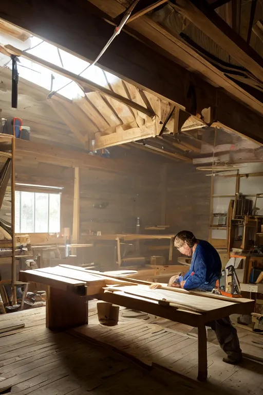 Prompt: simple craftsman fine woodworker building a wooden table in their well lit clean open workshop, thomas lawrence, greg rutkowski