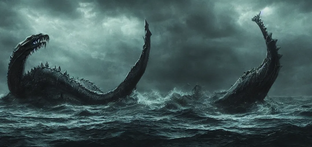 Image similar to Giant Sea Monster in treacherous waters, gothic art, color, eerie, horror, scary, ominous, 8k, highly detailed