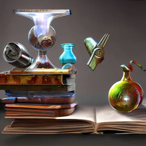 Prompt: hyper real, table, wizards laboratory, lisa parker, tony sart, mortar, pestle, scales with magic powder, energy flowing, magic book, beakers of colored liquid