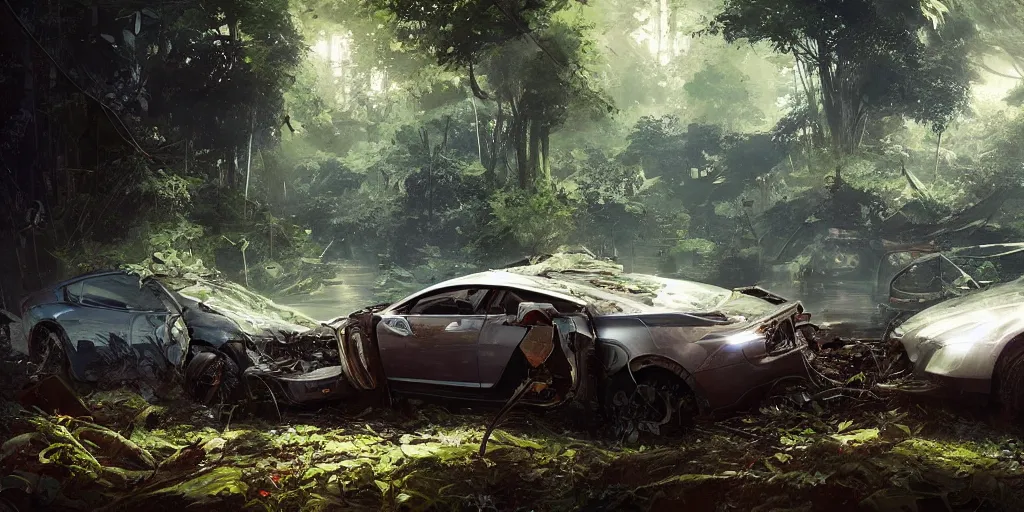 Image similar to Intricate detailed illustration, A crashed tesla being reclaimed by lush jungle, cinematic lighting, by Sparth and Greg Rutkowski, wide angle, volumetric light scattering, 8k, artstation, concept art,