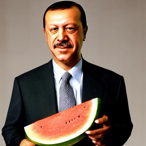 Image similar to recep tayyip erdogan smiling holding watermelon for a 1 9 9 0 s sitcom tv show, studio photograph, portrait c 1 2. 0