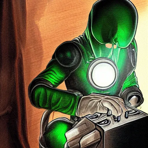 Image similar to photorealistic detail portrait of a doctor doom repairing his garbage machine, good lighting, trendy, good quality, smooth draw, sharp focus, trending on deviantart.