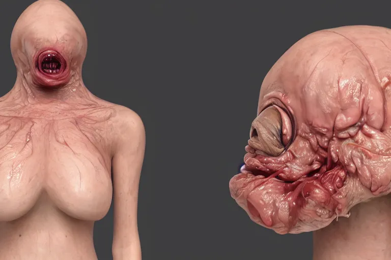 Image similar to a horrific photograph of a disgusting amorphous blob!!!!!!!!!!, failed cosmetic surgery, ( ( ( ( ( ( ( ( lip filler ) ) ) ) ) ) ) ), 8 k, volumetric lighting, unreal engine, ultra - realistic, grotesque, nightmare fuel, dripping skin, david cronenberg, ren and stimpy