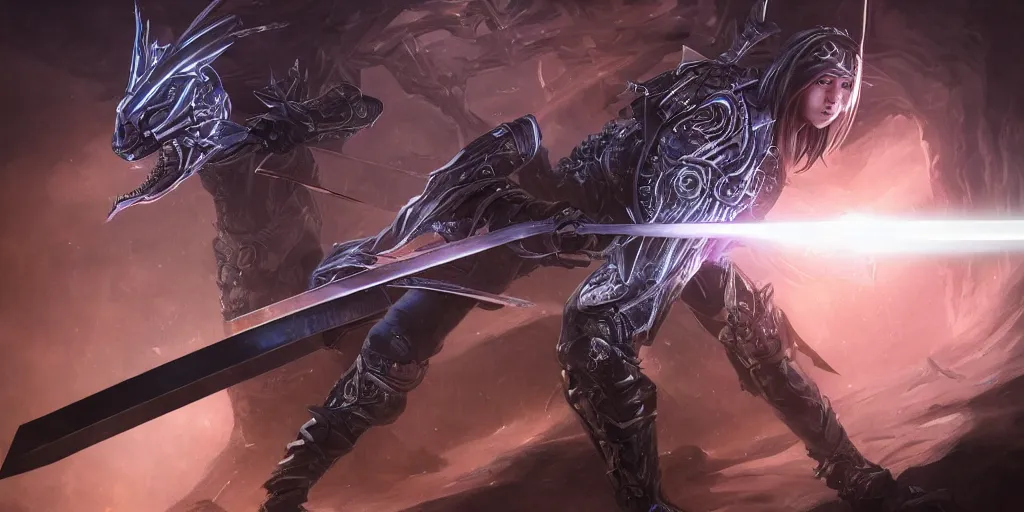 Image similar to legendary cybernetic long sharp sword lying flat on a glowing table with a black and iridescent sword blade, digital award winning hd matte painting, intimate dark moody, intricate, ornate spikes, colorful hilt, detailed realistic, raytraced blade, colored gems, future golden technological pommel, in the style of greg rutkowski and krenz cushart, deviantart