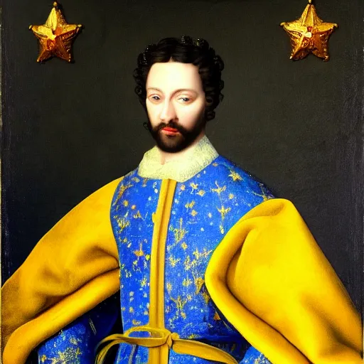 Image similar to highly detailed painting of the french king, he is wearing a blue robe with yellow stars across it, 4 k resolution, by jaquis luis david, visible paint layers, renaissance.