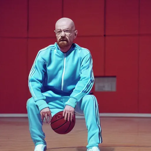 Image similar to walter white wearing adidas track suit and playing basketball