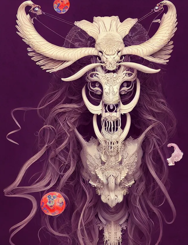 Image similar to 3 d goddess ram skull half - turn portrait with long hair with ram skull. beautiful intricately detailed japanese crow kitsune mask and clasical japanese kimono. betta fish, jellyfish phoenix, bio luminescent, plasma, ice, water, wind, creature, artwork by tooth wu and wlop and beeple and greg rutkowski