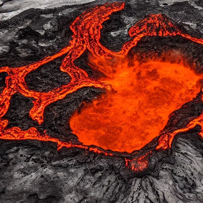 Image similar to wide angle shot of volcano caldera in the form of the punisher skull icon with flowing fountains and rivers of lava. detailed, high art, intricate, artisan