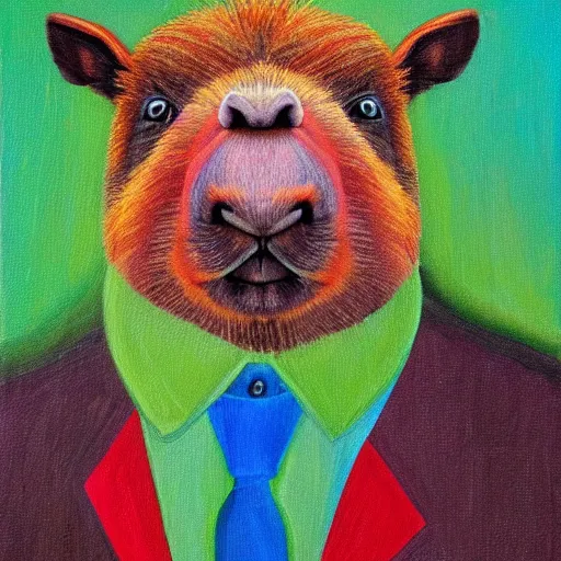 Prompt: colorful painting of a capybara wearing a suit