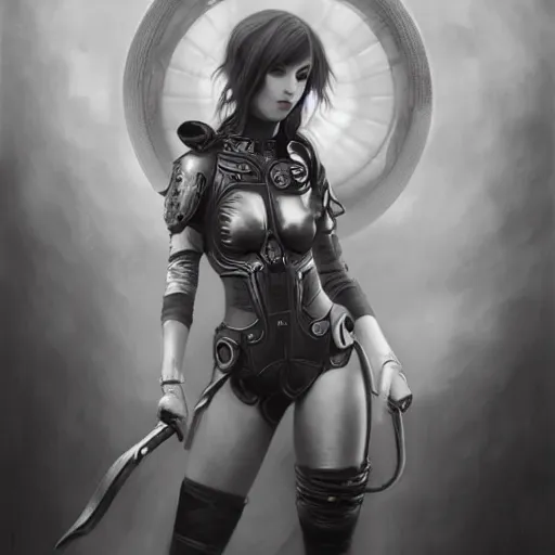 Image similar to By Tom Bagshaw, ultra realist soft painting of an attractive cyrvy cyberpunk anime female fully body armored, with thin lustrous long hair floating, photorealistic eyes render, looking at camera, curiosities carnival, symmetry accurate features, very intricate details, focus, dark fantasy background black and white