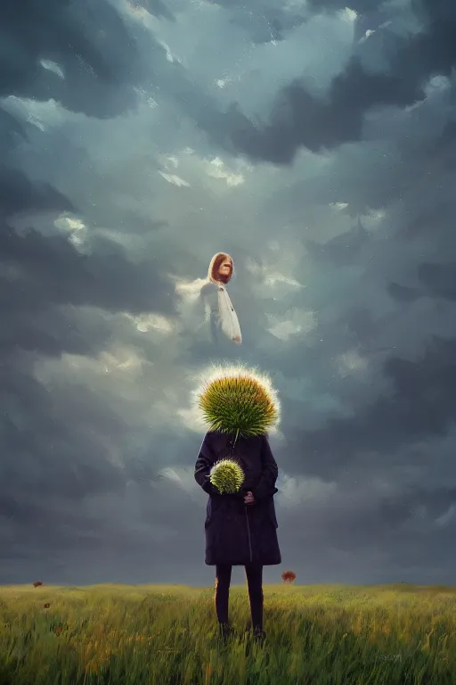 Prompt: portrait, enormous thistle flower head, a girl wearing coat in field, surreal photography, wind and cold, dramatic sky, impressionist painting, digital painting, artstation, simon stalenhag