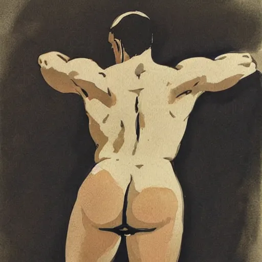 Prompt: the lower back of a beautiful man. painting by hugo pratt.