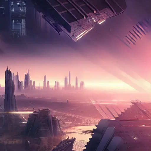 Prompt: The futuristic sci-fi city has tall brutalist architecture buildings, some giant spaceships are flying over the city, the background has a detailed heavenly and iridescent light from nebulas, cyberpunk, matte painting, concept art, dramatic lighting, golden hour, 4k, 8k, trending on Artstation, realistic