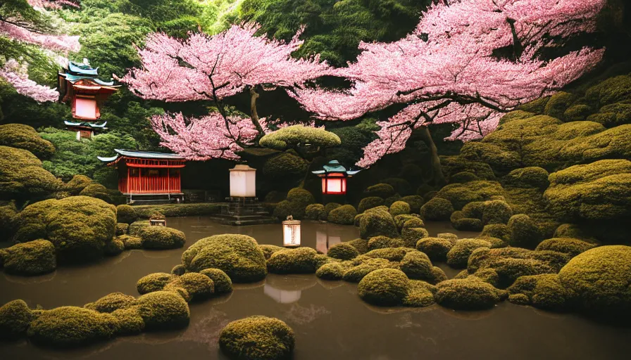 Image similar to 35mm film still of a very cozy and surreal magical Japanese temple mixed with a European castle in a lush waterfall garden, falling cherry blossoms pedals, epic large temple in the style of Gucci and Wes Anderson, photographed by Petra Collins, glowing lights and floating lanterns, foggy atmosphere, rainy, moody, muted colors, magic details, very detailed, 8k, cinematic look