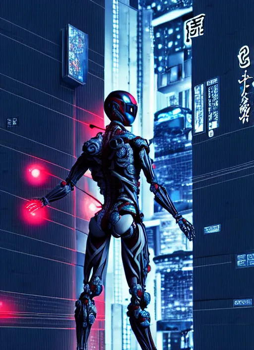 Image similar to kamen rider action pose, human structure concept art, human anatomy, full body hero, intricate detail, art and illustration by irakli nadar and alexandre ferra, global illumination, on tokyo cyberpunk night rooftop, frostbite engine