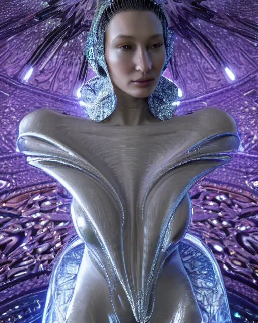 Image similar to a highly detailed metahuman 4 k close up render of an alien goddess bella hadid monument sacred in iris van herpen dress schiaparelli in diamonds crystals swarovski and jewelry iridescent in style of alphonse mucha gustav klimt trending on artstation made in unreal engine 4