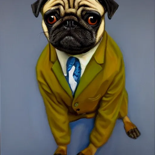 Prompt: oil painting, a developer pug in a suit, intricate, masterpiece, artstation, stunning
