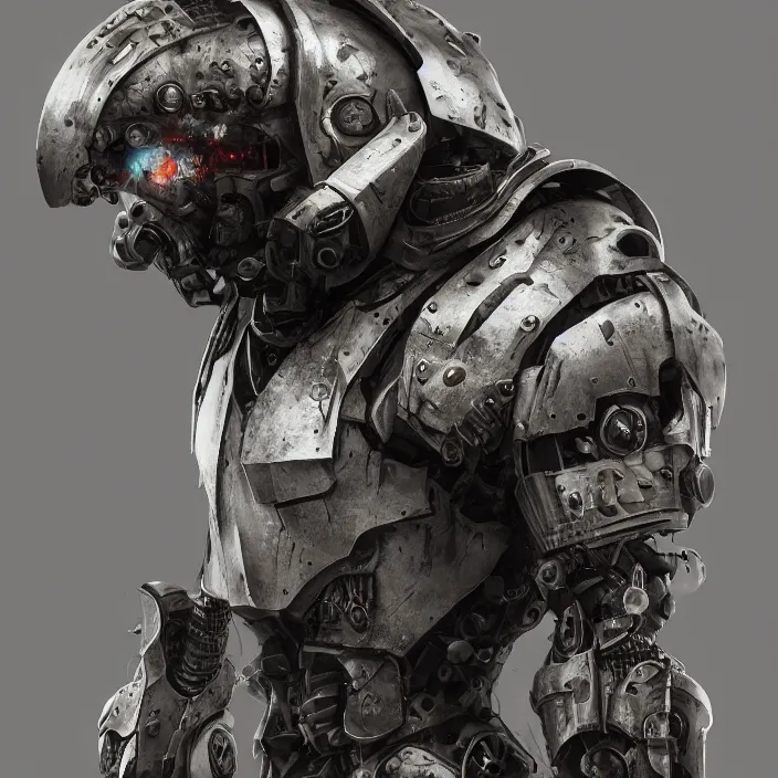 Image similar to gritty man in mech armor suit, hyper - detailed, octane render, sharp focus, 4 k ultra hd, fantasy dark art, apocalyptic art