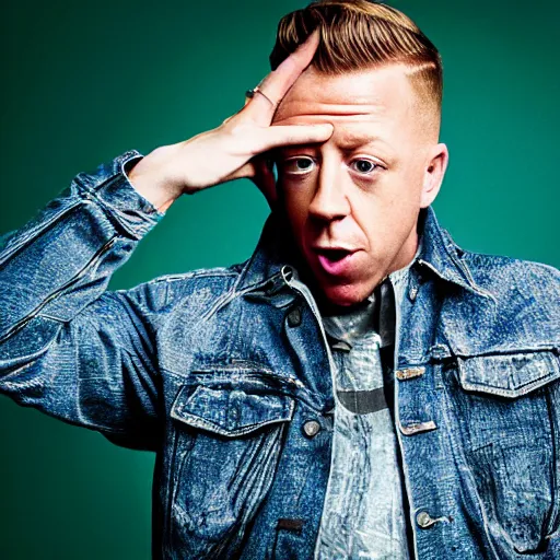 Image similar to Macklemore yelling at Goodwill, head in hands