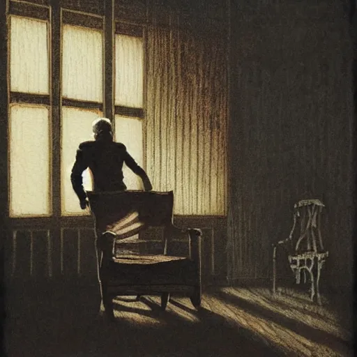 Prompt: angry old man in chair inside a dark house, painting by tim bradstreet and michael whelan