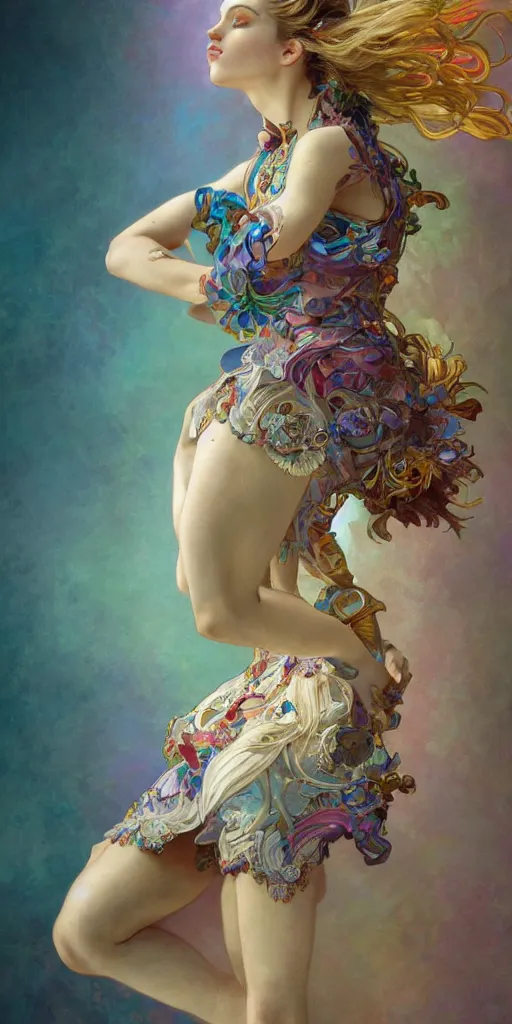 Prompt: portrait of tragedy, full body expressive pose, acrobatic, rainbow eyes, ornate frilly dress, fantasy, intricate, elegant, highly detailed, digital painting, artstation, concept art, smooth, sharp focus, illustration, art by artgerm and greg rutkowski and alphonse mucha, octane render, 3d, hyperrealistic