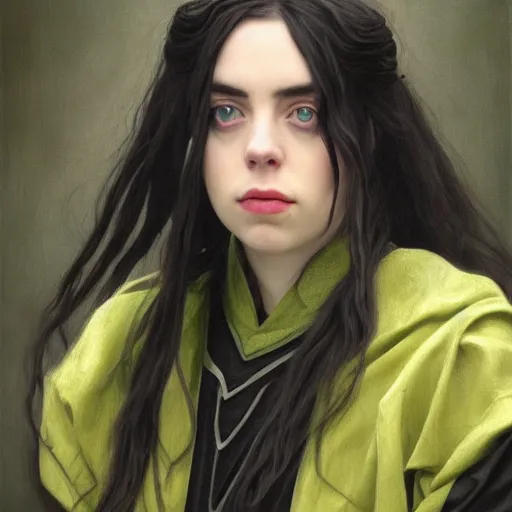 Prompt: Billie Eilish as female loki, oil on canvas, noir, trending on artstation, by Ian Sprigger and Edmund Blair Leighton and Charlie