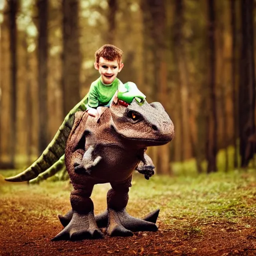 Image similar to young boy riding a cute little dinosaur with long fur, portrait, pixar style, forest background, cinematic lighting, award winning creature portrait photography