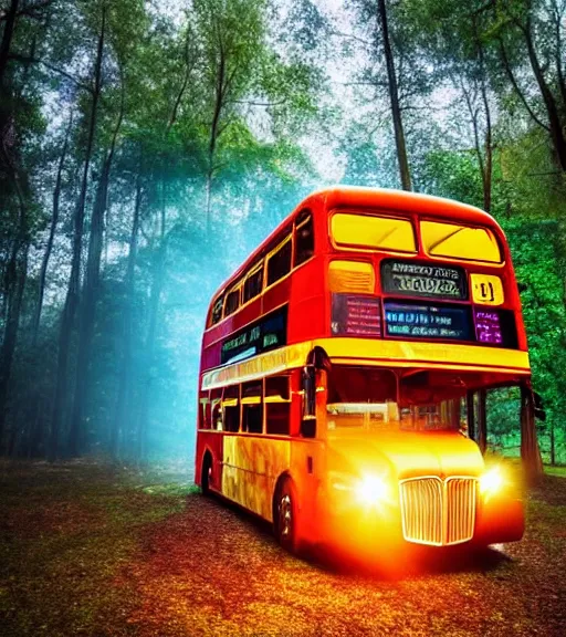 Prompt: burnt shell of a double decker bus in a beautiful enchanted forest full of vibrant life, ray casting, light rays, award winning photo
