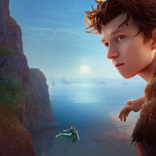 Prompt: Tom Holland as peter pan,looking iver the horizon,river in front of him,detailed, 8k hd,by rossdraws and greg rutkowski,in the style of a Instagram profile picture