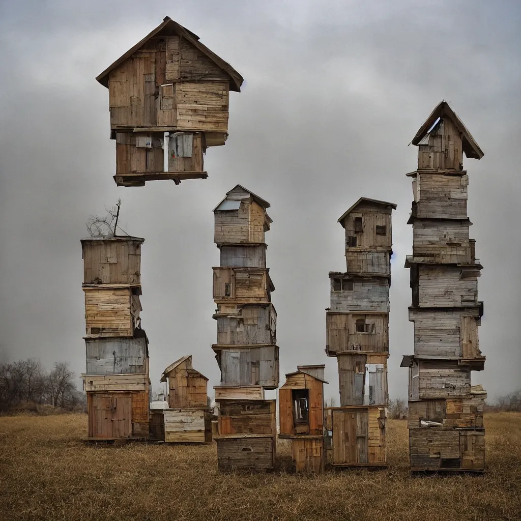 Prompt: two towers, made up of stacked makeshift squatter shacks with bleached colours, plain uniform sky at the back, misty, mamiya, shallow depth of field, ultra sharp, very detailed, photographed by julie blackmon