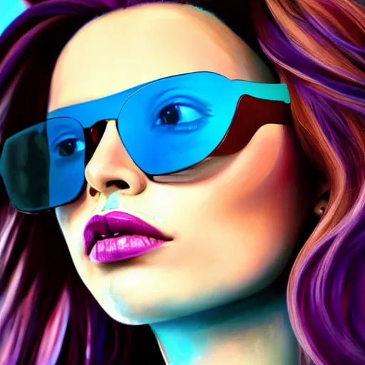 Prompt: closeup painting of a very beautiful young mexican cyberpunk woman with a smirk, light blue retro shades, and a purple coloured leather jacket, one side haircut, long brown hair with light blue ends, portrait, sci - fi, hyperdetailed, artstation, cgsociety, synthwave by tangerine dream, by jean - michel jarre, by vangelis, by john carpenter