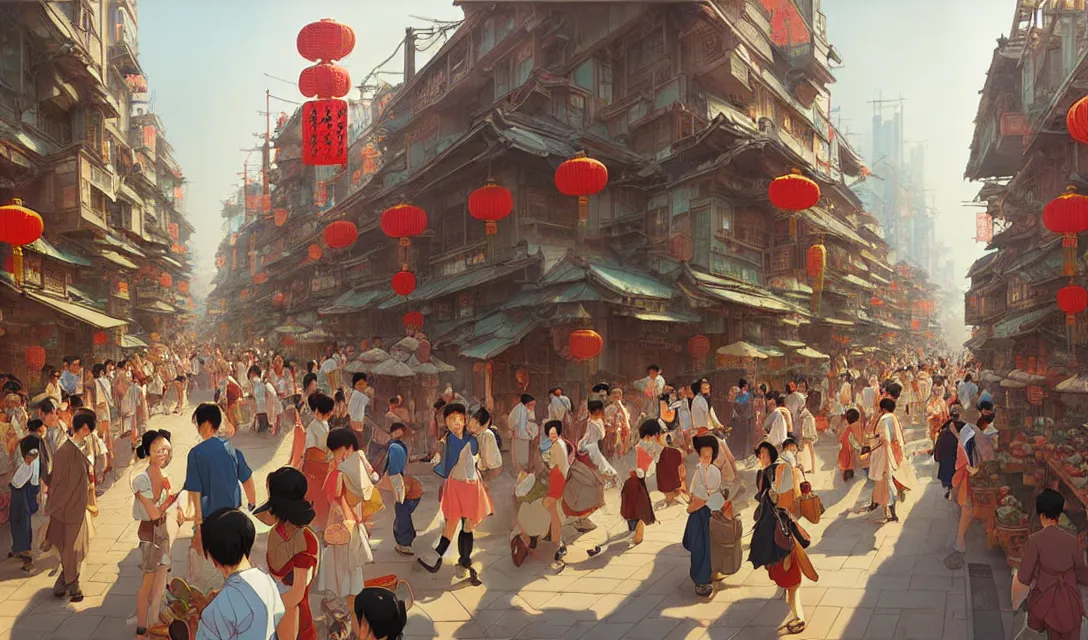 Prompt: busy chinese city, summer, in the style of studio ghibli, j. c. leyendecker, greg rutkowski, artem