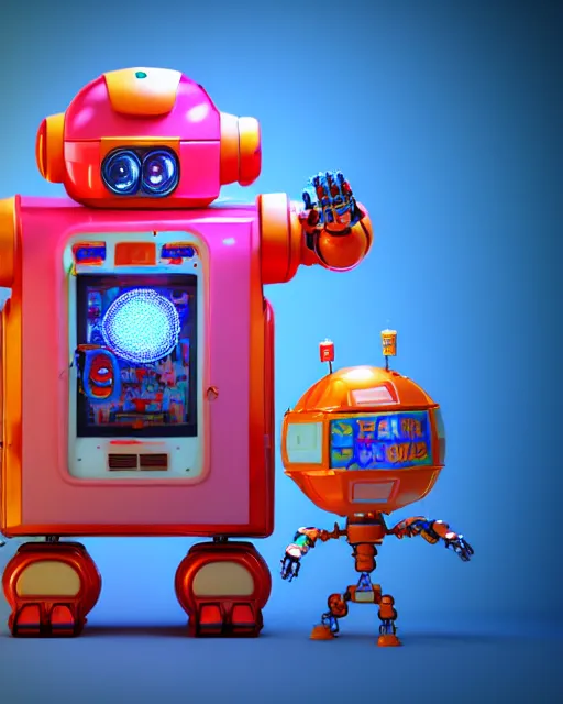 Image similar to cute elaborate robot, candy colors, pinball machine parts, symmetrical, in a city made of arcade machines and candy, octane render, 3 d model, detailed by pokedstudio