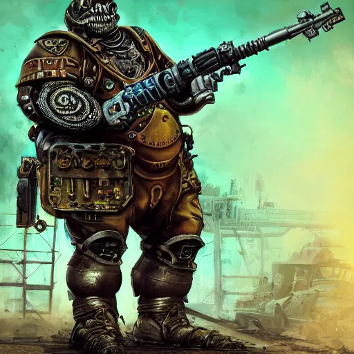 Prompt: highly detailed steampunk morbid obese undead heavy soldier with heavy machine guns, pipes connected to the head, madmax, intricate, rusty, green radioactive glow, toxic waste, Colchians painting, dynamic lighting, photorealistic concept art, trending on art station, stunning visuals, creative, cinematic, ultra detailed