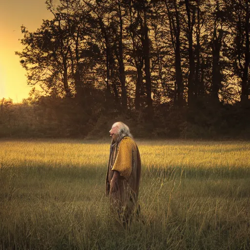 Prompt: old prophet wandering about a meadow, golden hour