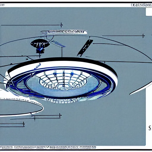 Image similar to a highly detailed technical schematic, blue - print, of a ufo propulsion system