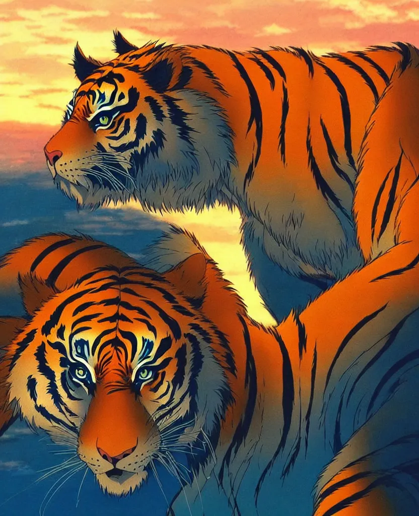 Image similar to beautiful painting from the anime film by studio ghibli blue neon anthropomorphic tiger human hybrid golden hour backlit