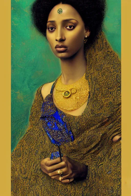 Image similar to Portrait of a Arabic African female, sad green eyes, beautiful skin, elegant, jewellery, digital painting, Pre-Raphaelites, highly detailed, concept art, smooth, sharp focus, gold and indigo, illustration, art by Klimt .