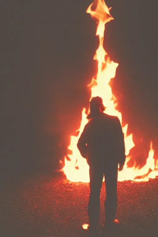 Prompt: kodak ultramax 4 0 0 photograph of a guy standing in fire, back view, grain, faded effect, vintage aesthetic,