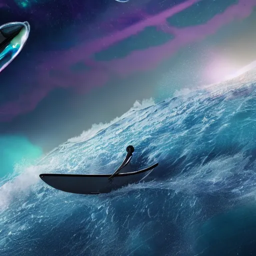 Prompt: photo of a alien surfing a surfboard on a crashing l wave of alien ocean in space, background is an alien galaxy, aliens in the background, alien colors, octane render, unreal engine, wide view, 8 k, high detaild