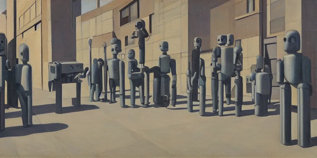 Image similar to robots queuing up in a stark brutalist town, street elevation, grant wood, pj crook, edward hopper, oil on canvas