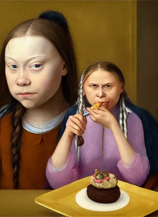 Prompt: greta thunberg eating cakes painted by hieronymus bosch, detailed digital art, trending on Artstation