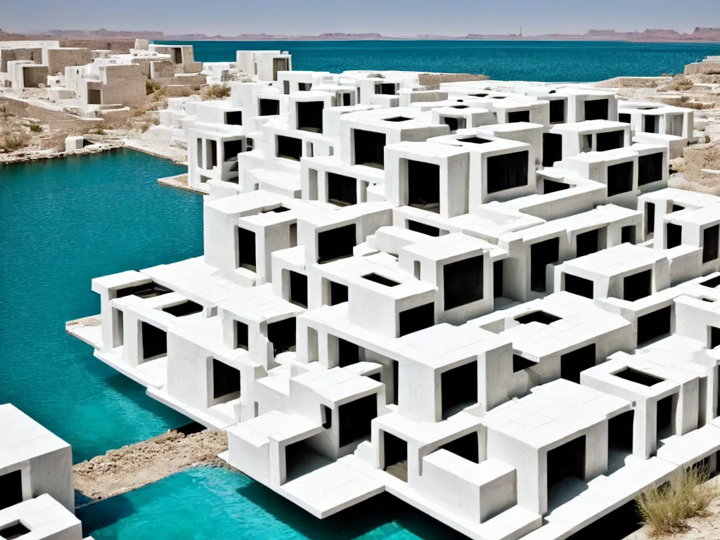 Image similar to habitat 6 7, white lego terraced architecture hotel in the dessert, many plants and infinite pool