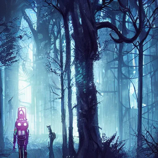 Prompt: lost in the cyberpunk forest, digital art, artstation