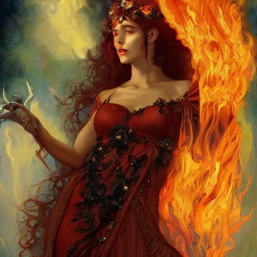 Image similar to a masterpiece full body portrait a beautiful Persephone, queen of the underworld in Hades, beautiful face, flawless skin, flames and smoke in background, by Edgar Maxence and Ross Tran and Michael Whelan