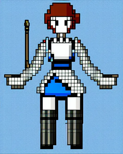 Prompt: a pixel single sprite of a girl holding a blue sword, in white futuristic armor, black background, pixel art, isometric view, 1 6 px x 1 6 px, 2 d game art, 1 6 bit, dynamic pose, # pixelart